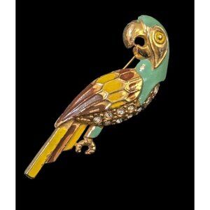 Vintage Parrot Brooch Pin - Rhinestone & Enamel Sparkle Bird   blue Yellow